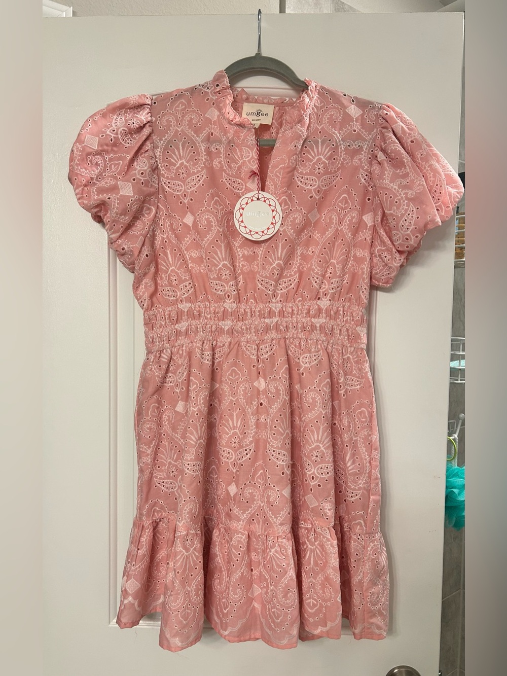 NWT Umgee Women’s SZ S Pink Lace-Pattern Puff Sleeve Dress